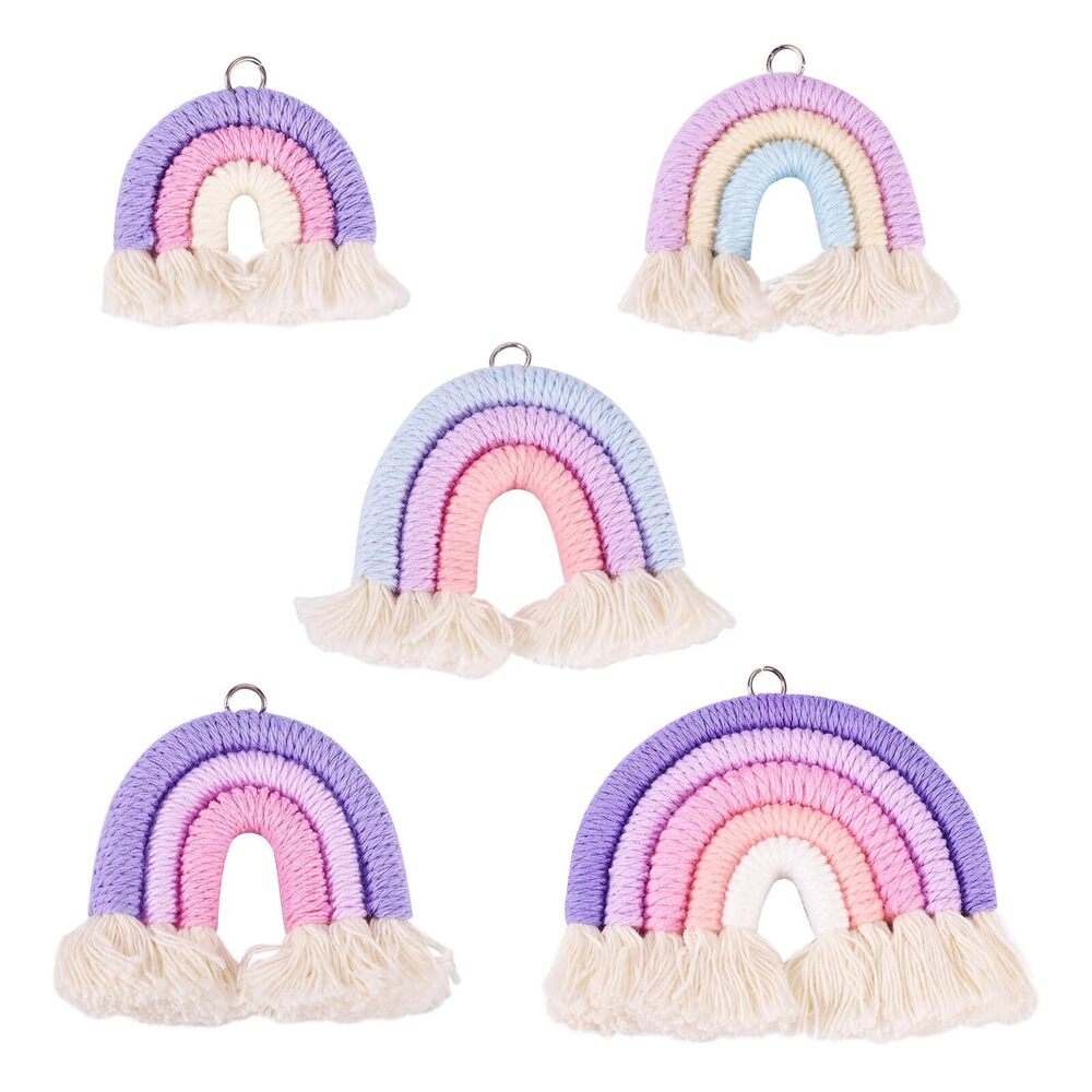 3472 5Pcs Rainbow Macrame Keychain Charms Handmade Weaving Rainbow Tassel